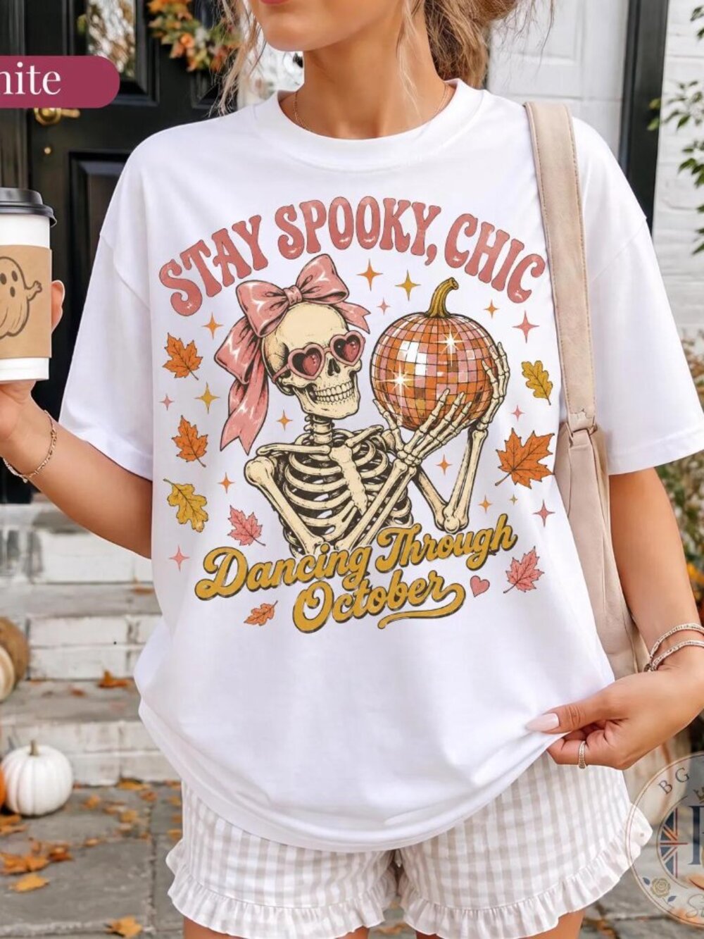 Halloween Stay Spooky Chic Shirt Skeleton Disco Ball Pumpkin Tee